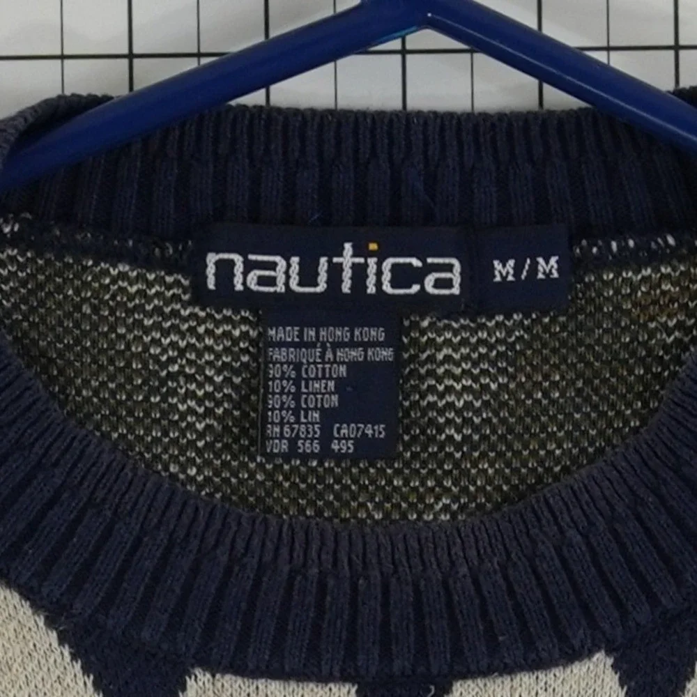 Vintage Nautica Sweater Men's Size Medium Blue Cream Argyle Cotton Linen Golf